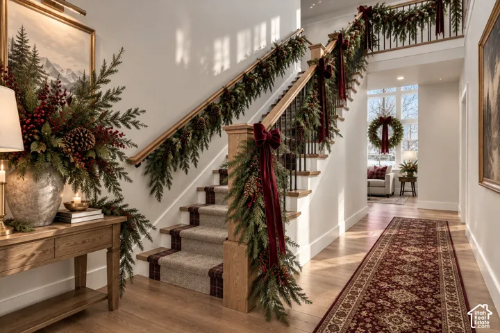 Two-story foyer with hardwood-finish flooring, a carpeted staircase with wood handrails, and black metal balusters