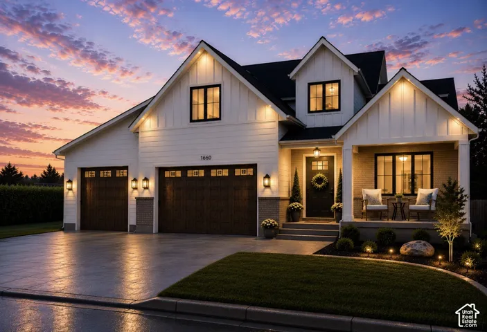 White siding exterior with black-framed windows