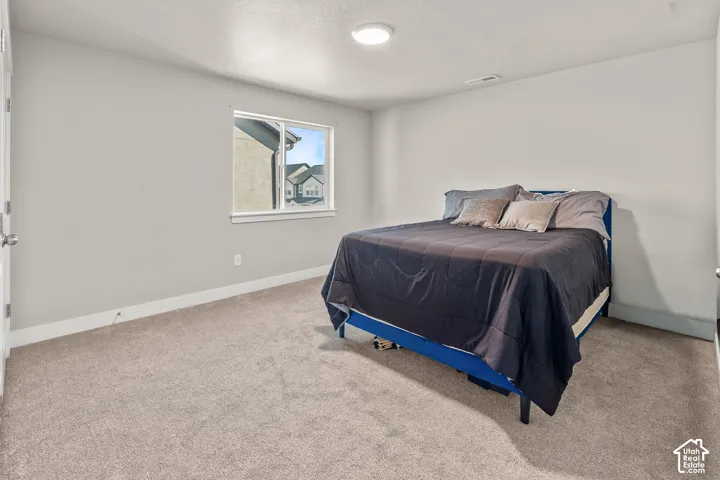 Carpeted flooring, neutral wall color, window with exterior building visibility, and a ceiling-mounted light fixture