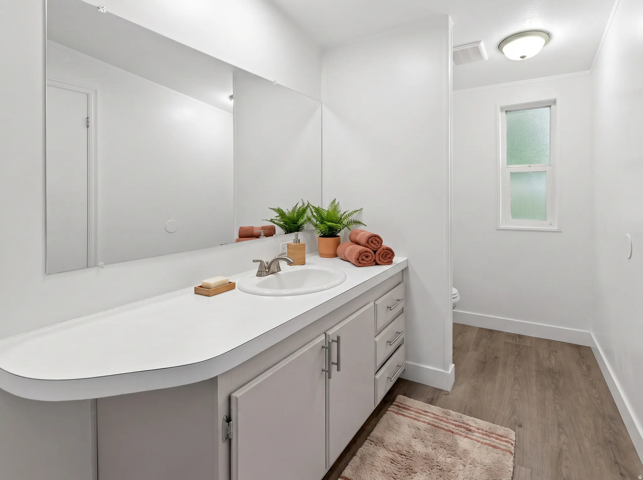 White vanity with integrated sink, wood-finish flooring, vanity mirror, and privacy window