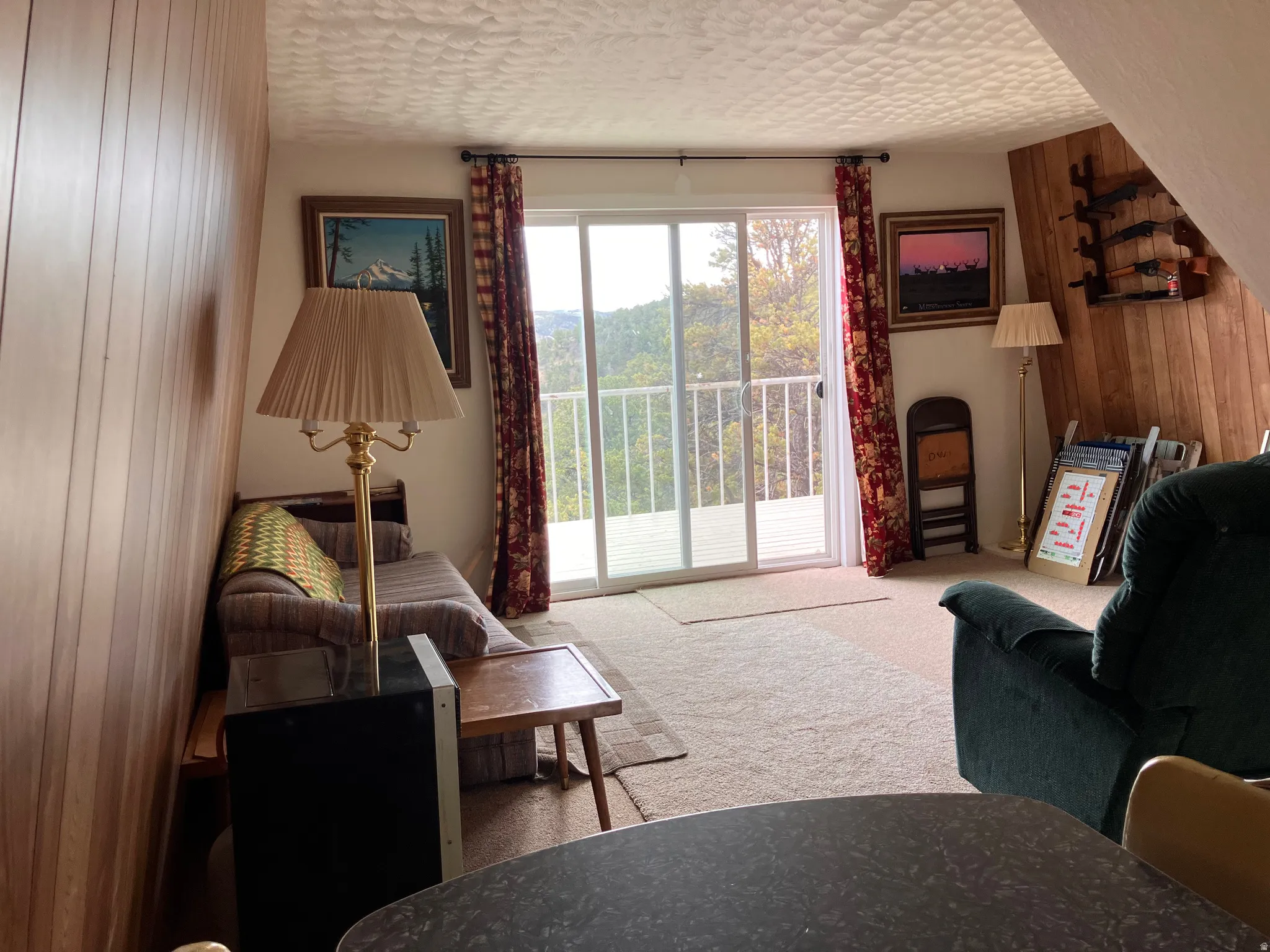 Sliding glass doors opening to an exterior balcony, wood-paneled walls, and soft carpet flooring