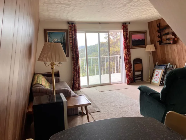Sliding glass doors opening to an exterior balcony, wood-paneled walls, and soft carpet flooring
