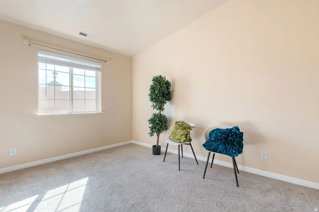Neutral wall paint, light gray carpeting, and a large window with blinds