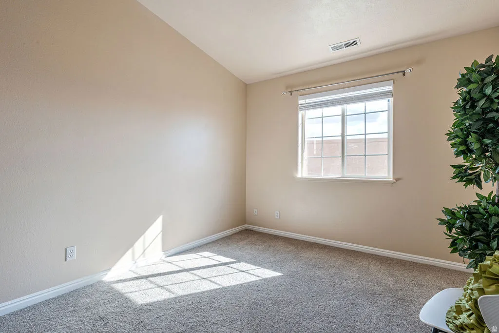 Vaulted ceiling, neutral wall finish, window with grid panes, textured carpet, and a wall outlet