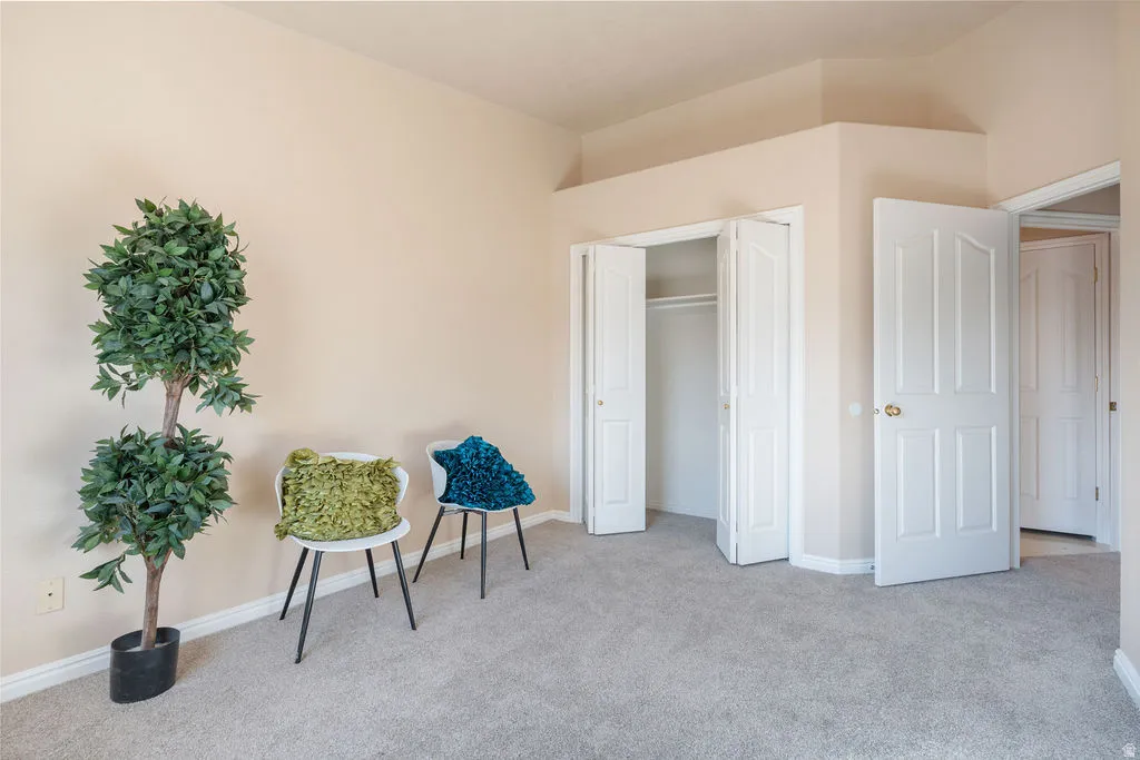 Neutral-toned walls, light gray carpeting, bi-fold closet doors, and multi-panel interior doors