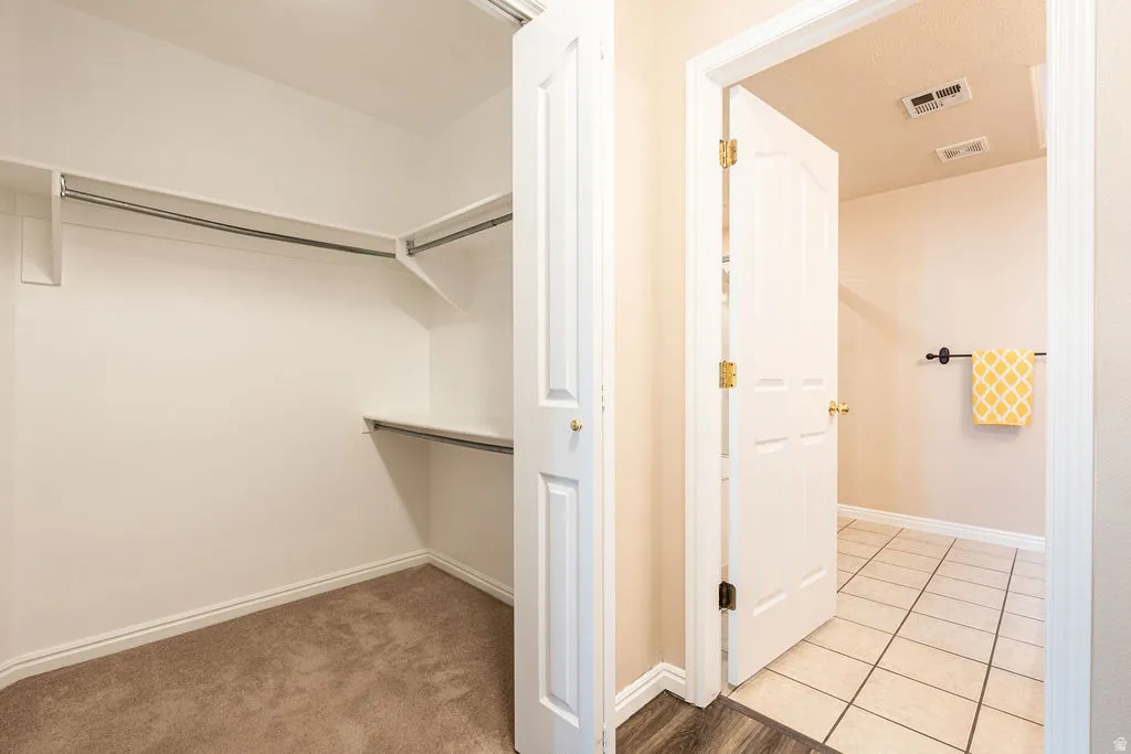 Walk-in closet with carpet flooring and integrated shelving