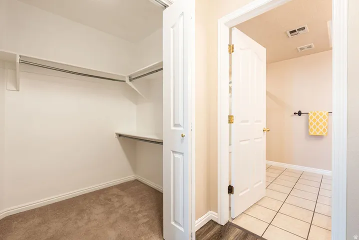 Walk-in closet with carpet flooring and integrated shelving
