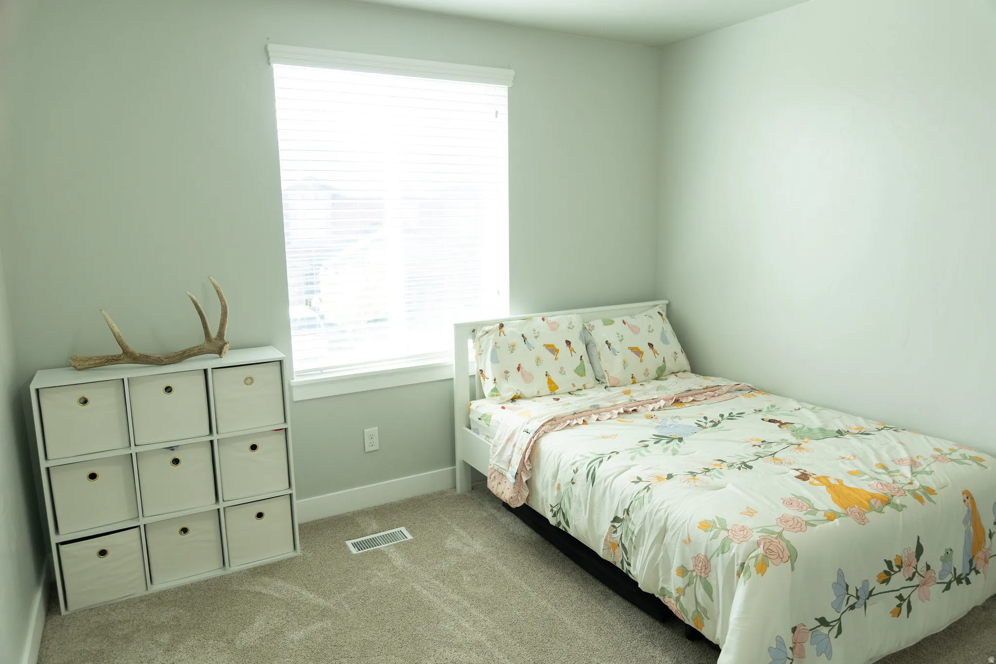 Carpeted room with a window featuring white blinds, offering natural light