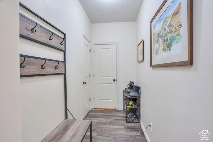 Wood-finish flooring with a subtle grain pattern, multiple paneled interior doors, and a built-in wall-mounted coat rack featuring wood-finish panels and black hooks