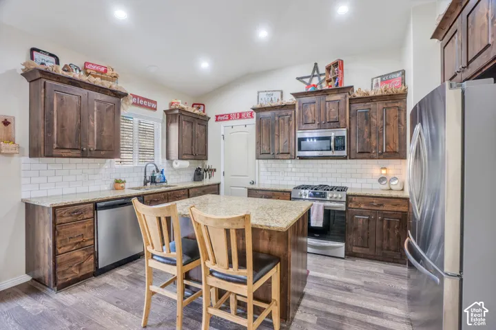 Kitchen featuring wood-finish flooring, dark wood cabinetry, light speckled countertops, a white subway tile backsplash, and stainless steel appliances