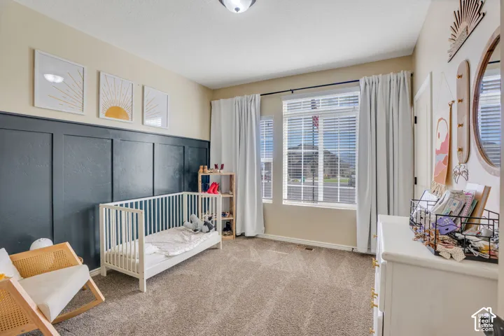 Wall paneling accent, dual windows, ceiling-mounted light fixture, and neutral carpeting
