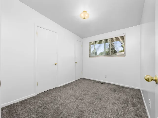 Window with horizontal blinds, overhead lighting, and carpeted flooring