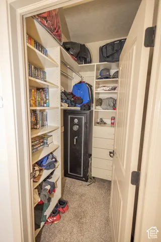 Walk-in closet with carpeted flooring, built-in shelving, and a clothing rod
