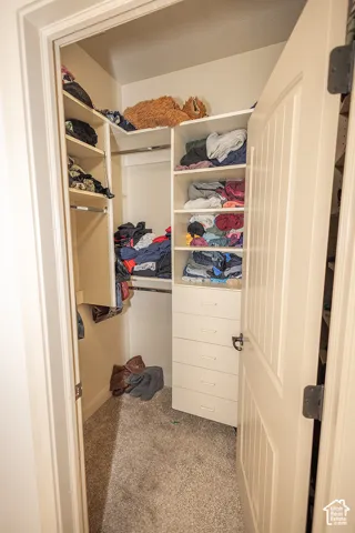 Walk-in closet featuring built-in shelving, integrated drawers, and garment rods