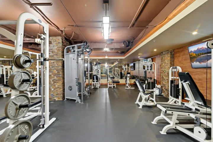 Dedicated fitness space featuring multiple strength training machines, mirrored walls, textured stone-finish columns, and wood-finish wall panels