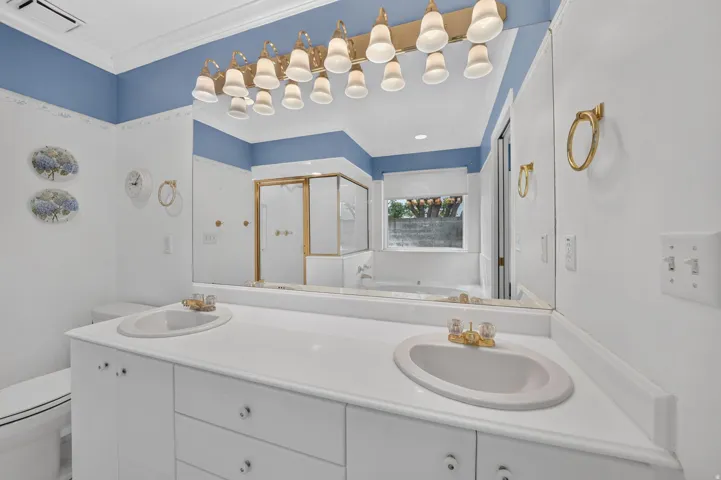 Dual vanity with white cabinetry, ample countertop space, and gold-finish hardware