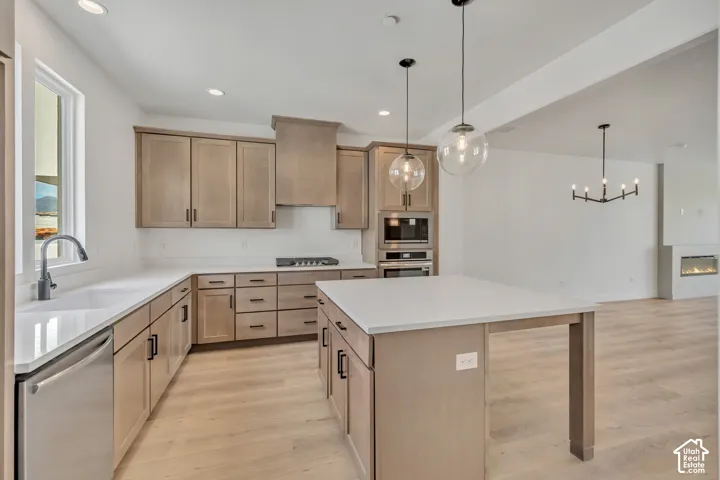 Kitchen featuring light wood-finish cabinetry, white countertops, stainless steel appliances, and wood-finish flooring