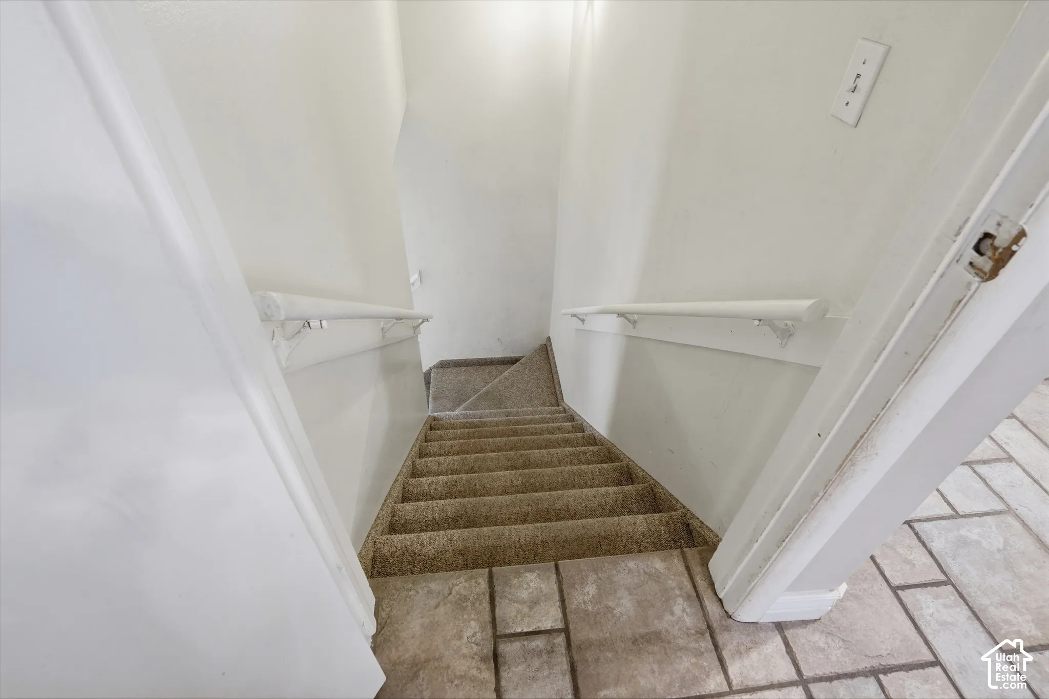 Carpeted staircase with white handrails to basement.