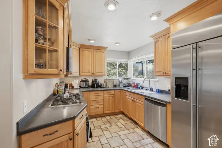 Kitchen with Stainless steel appliances.