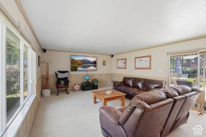 Living room with carpet and large windows.