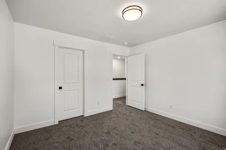 Plush gray carpeting, white painted walls, and a contemporary flush mount ceiling light