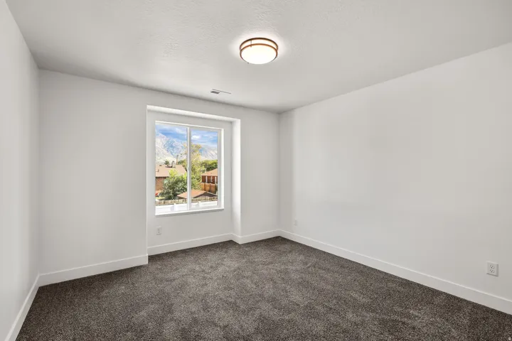 Neutral wall paint, gray carpeting, a single window, and an overhead flush-mount light fixture