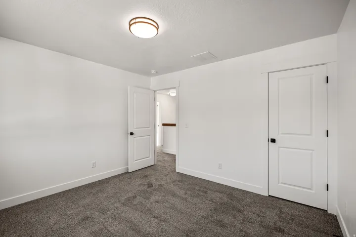 Spacious bedroom with neutral wall finishes, carpet flooring, and dual closet storage
