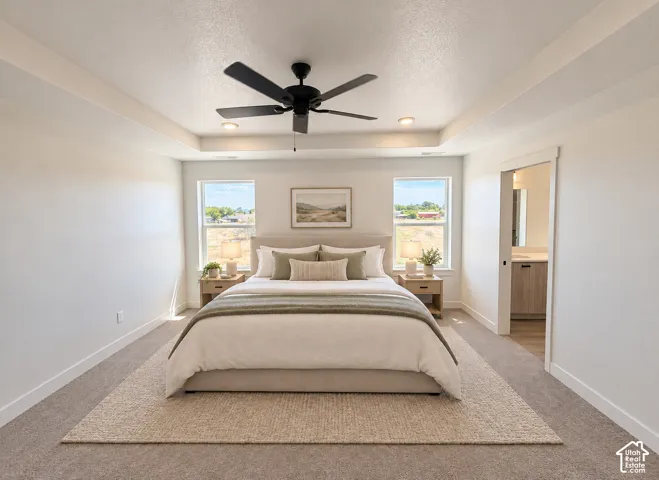 Recessed ceiling with an integrated black ceiling fan and lighting
