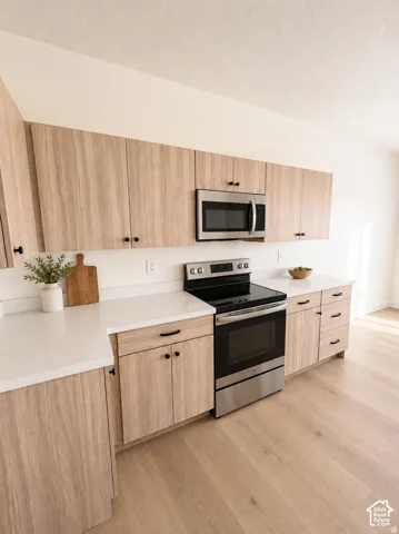 Kitchen featuring wood-finish cabinetry, stainless steel appliances, white countertops, and wood-finish flooring