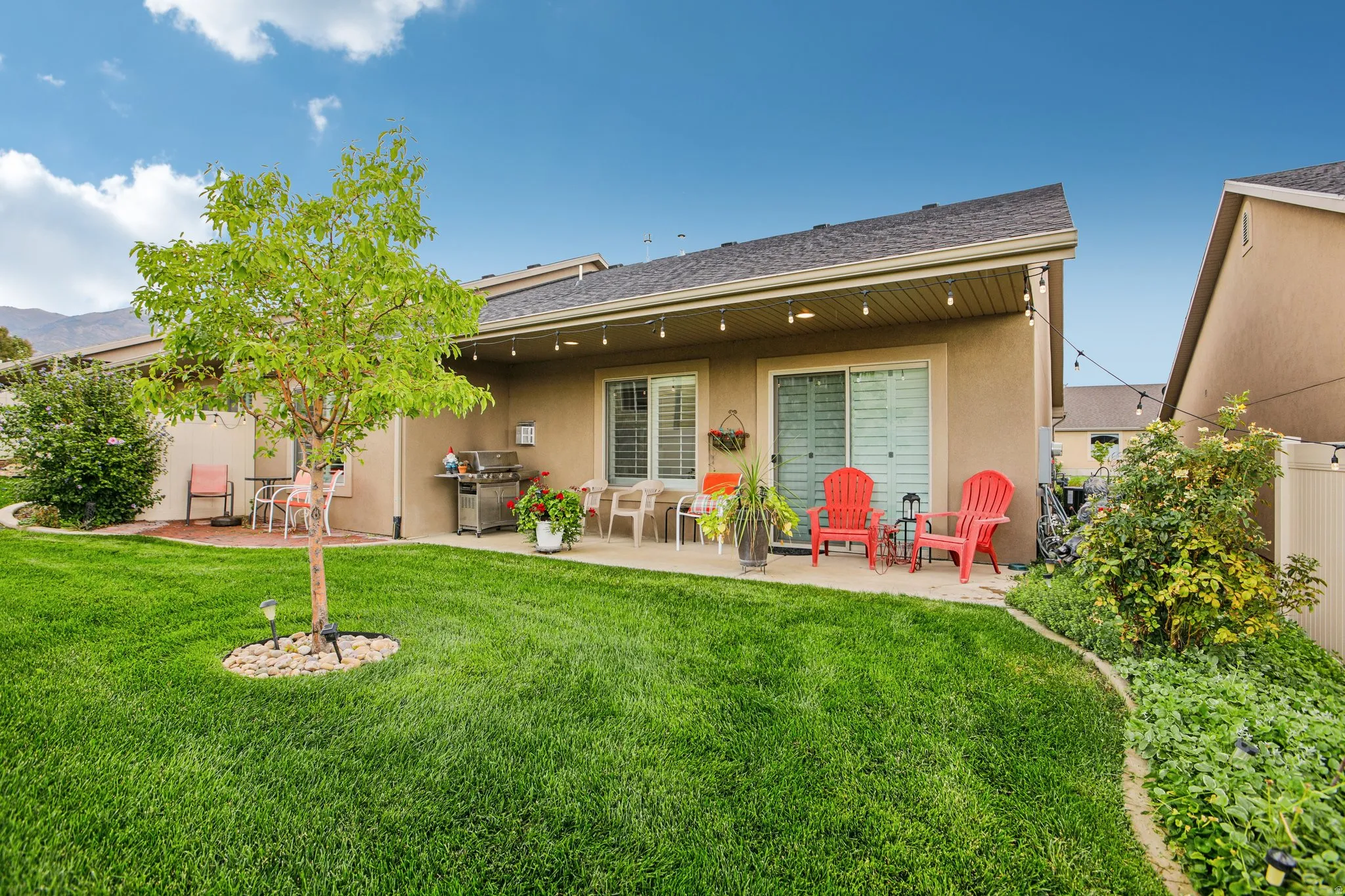 Expansive green lawn with a mature tree