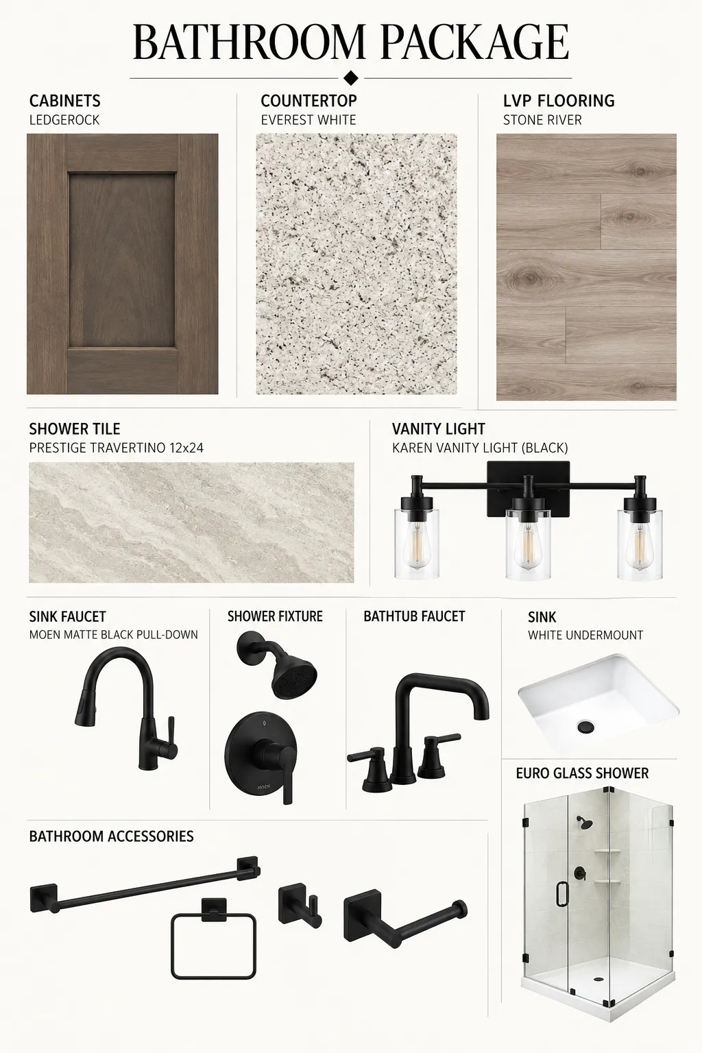 Bathroom Package. Displaying a collection of fixtures and finishes for the property's bathroom
