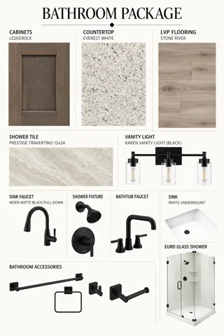 Bathroom Package. Displaying a collection of fixtures and finishes for the property's bathroom
