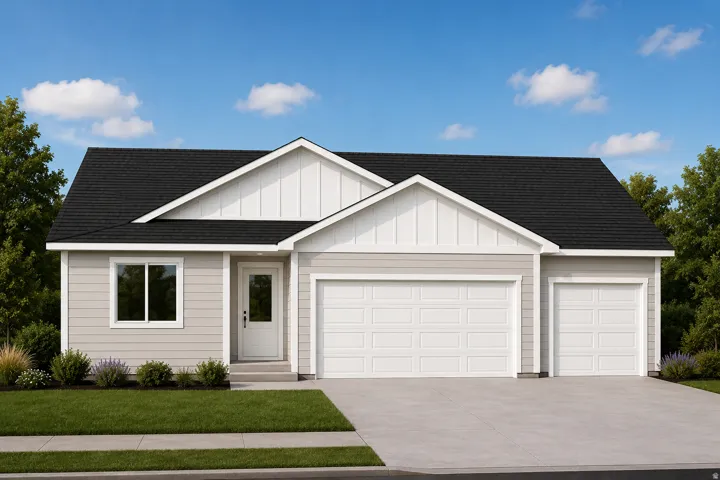Exterior featuring light gray siding, a dark shingle roof, a single-pane front door with glass insert, a two-car garage, and an additional single-car garage