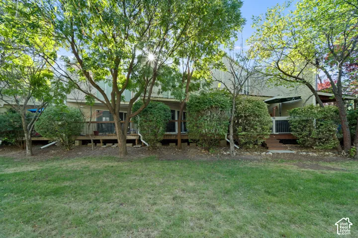 Expansive grassy yard with mature trees, a multi-level deck, and established shrubbery