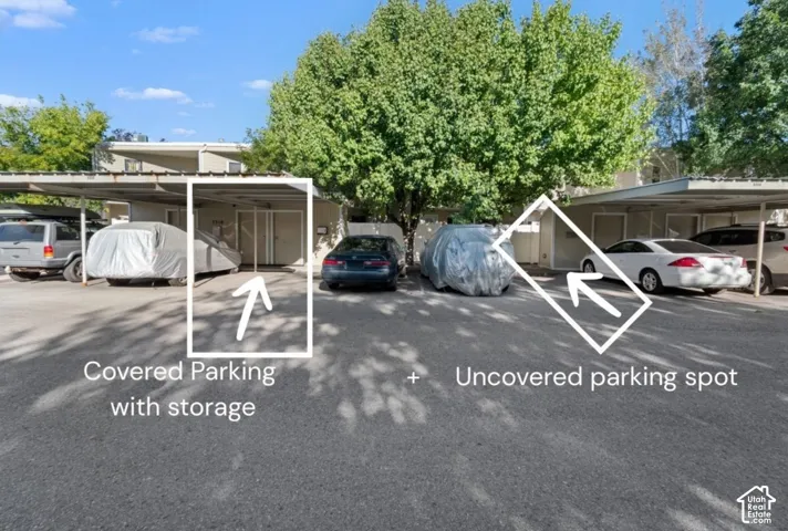 Covered parking structure with integrated storage unit
