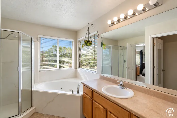 Bathroom featuring a corner soaking tub, glass-enclosed shower, wood-finish cabinetry, countertop with integrated basin, and large-format wall mirror