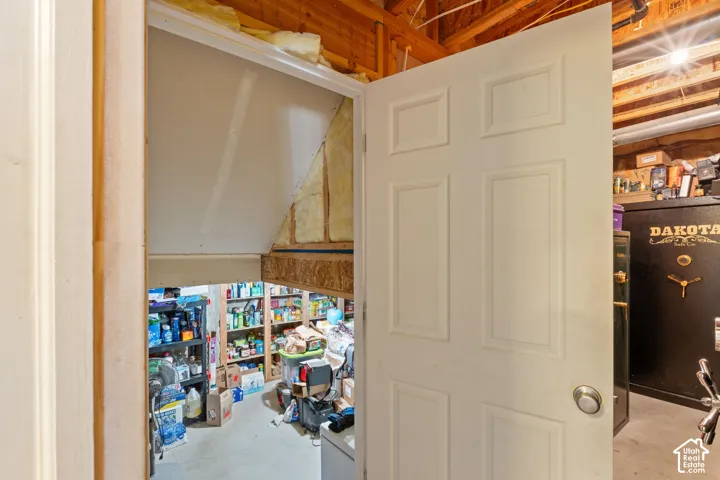 Storage area featuring unfinished ceiling joists, insulation, and panel door access