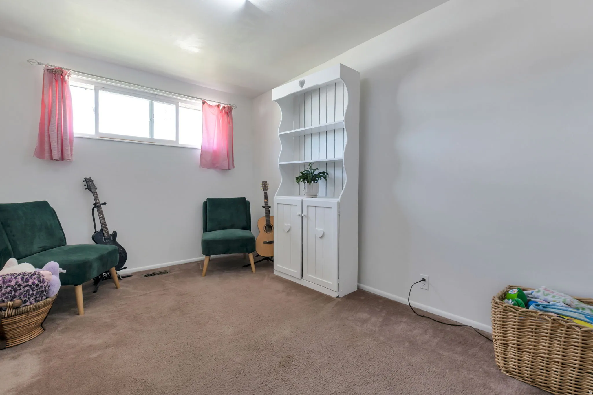 Carpeted flooring with white wall finishes and a built-in shelving unit