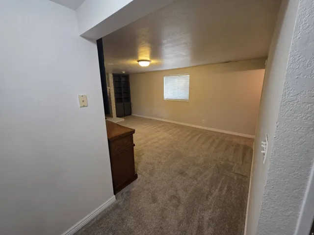 Carpeted flooring, recessed ceiling lighting, built-in shelving, and a window with blinds