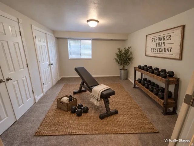 Carpeted flooring, recessed window with blinds, and white panel doors