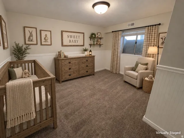 Plush carpeting, paneled wainscoting, and a semi-flush mount ceiling light