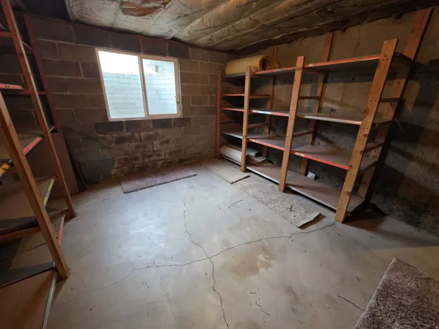 Concrete block walls, built-in wooden shelving, concrete flooring, and an insulated ceiling