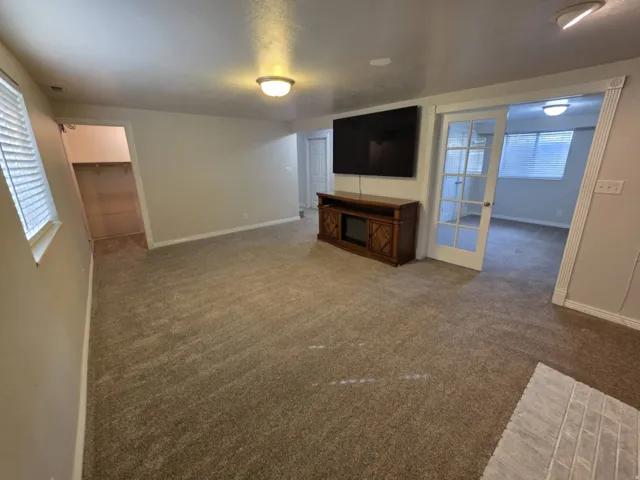 Neutral tone wall paint, flush mount lighting, carpet flooring, a walk-in closet, and a French door