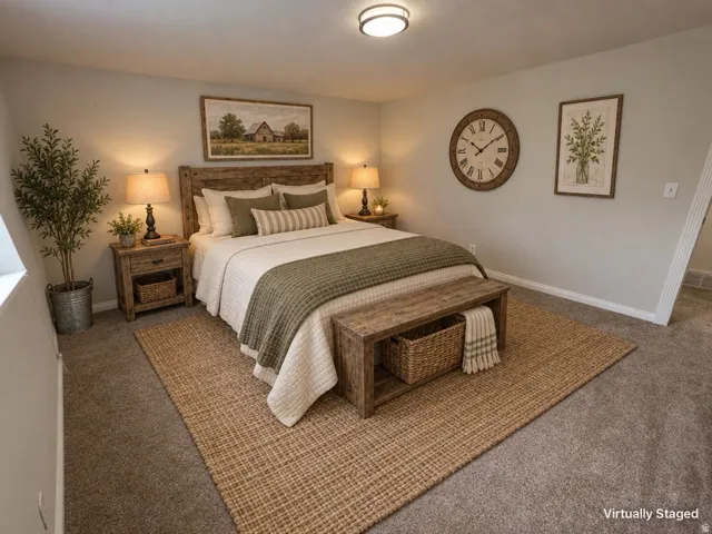 Neutral wall color, wall-to-wall carpeting, and a flush-mount ceiling light
