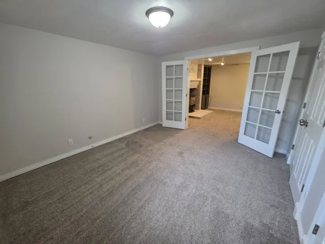 Light gray wall paint, neutral-toned carpet, recessed ceiling light, white French doors with divided lites, and a white paneled door