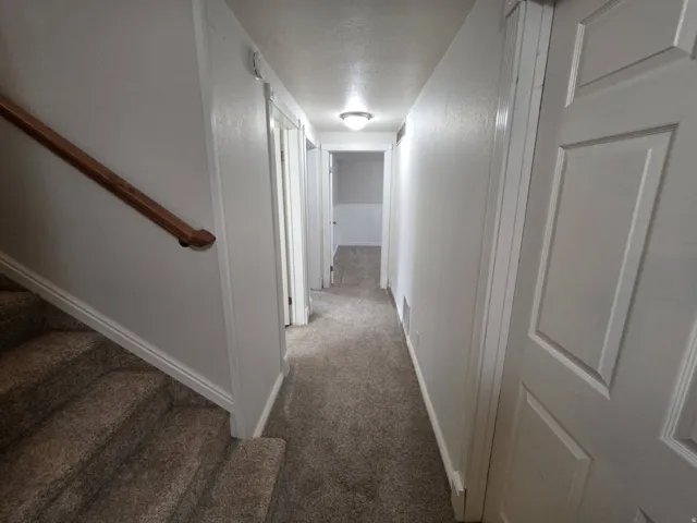Carpeted staircase with wooden handrail