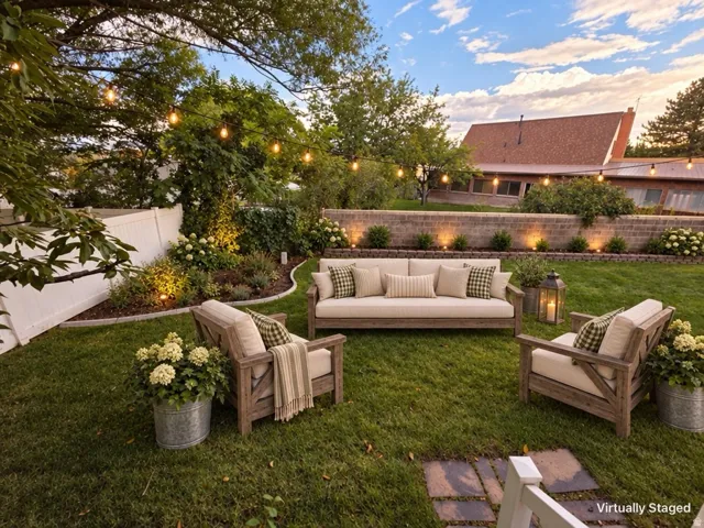 Manicured lawn with a white vinyl fence, mature trees, and a stone retaining wall