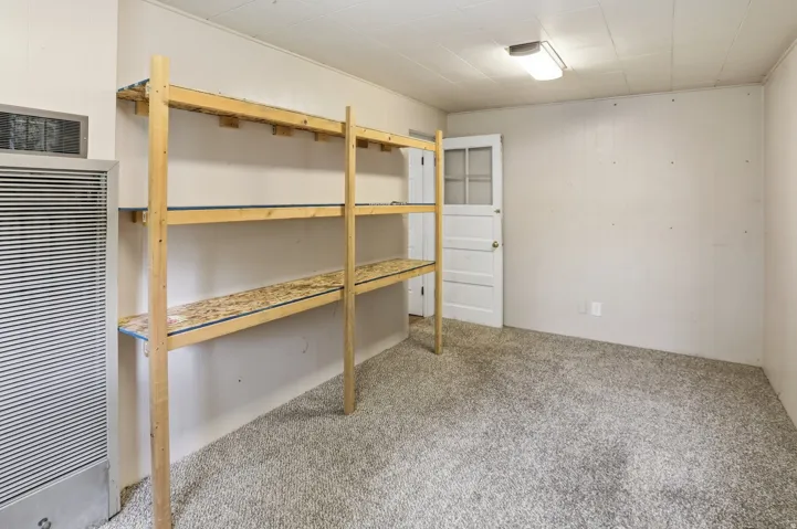 Built-in shelving, panel-style door with upper window panes, textured wall finish, full carpeting, and a ceiling-mounted light fixture