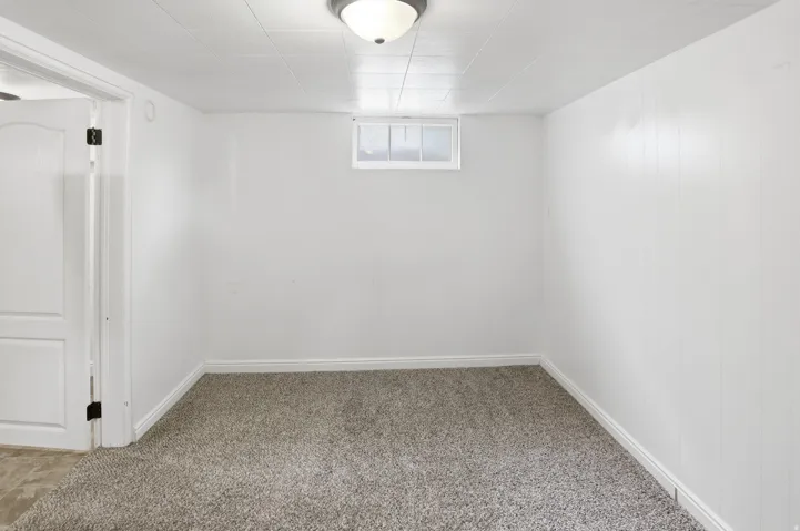 Carpeted room with white paneling and a ceiling-mounted light fixture