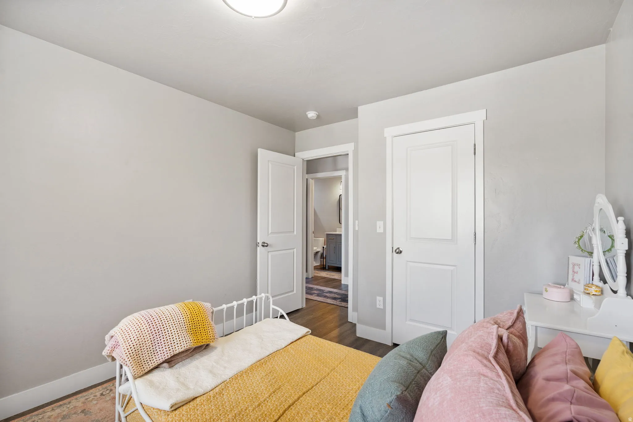 Light gray painted walls, white trim, wood-finish flooring, and a white ceiling light fixture